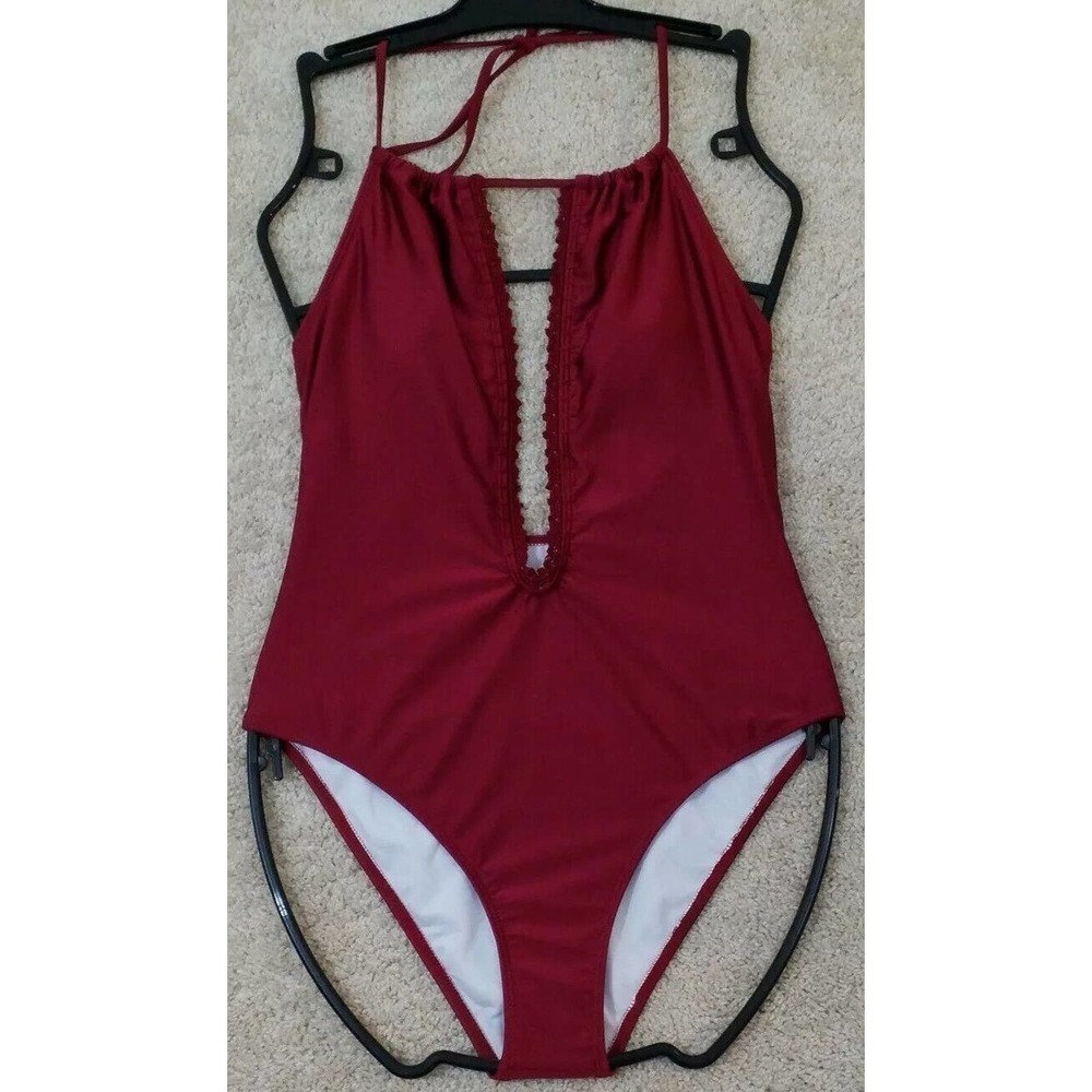 CUPSHE~Woman Size S~Maroon Wine Red One Piece Swimsuit Halter NWT.